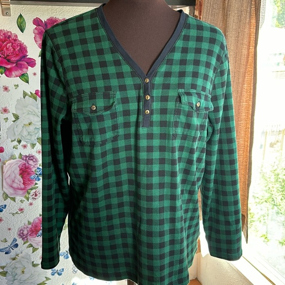 Chaps Classics, long sleeve green/black checkered pull over casual top. Size 1X - Picture 4 of 17